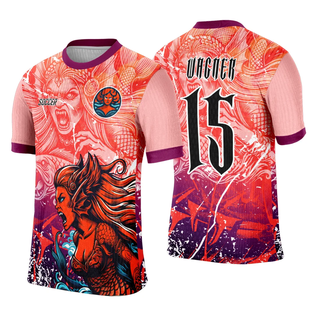 Camiseta unissex branca com logo no peito e estampa grande nas costas de Sereia 2025, ideal para eventos interclasse, design vibrante e único.