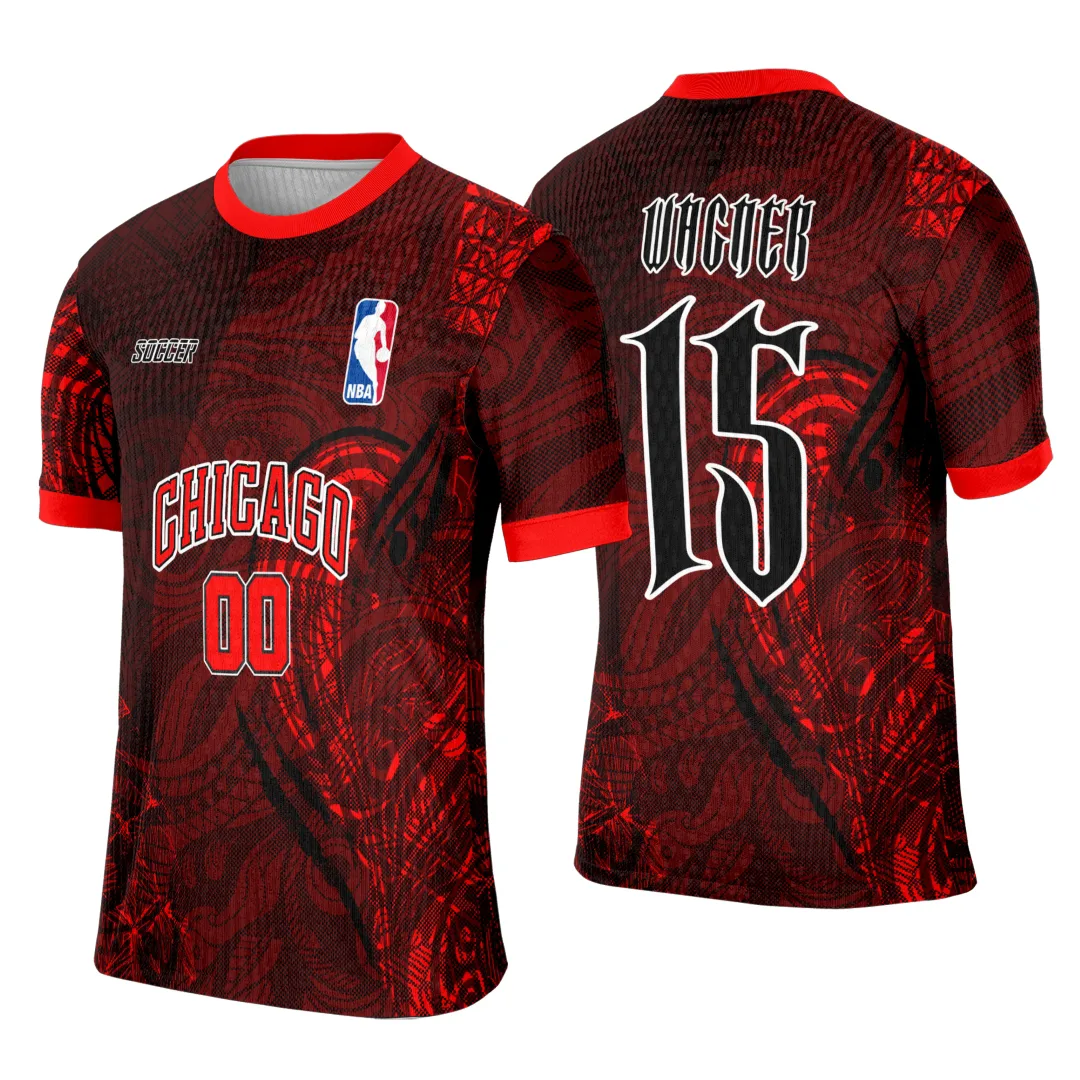Camiseta unissex preta com logo no peito e estampa grande nas costas, tema Chicago Bulls, ideal para uso casual ou eventos esportivos.