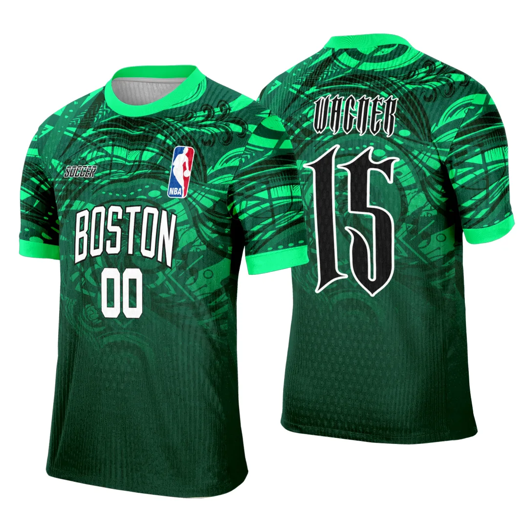 Camiseta unissex preta com logo no peito e estampa grande nas costas inspirada no Boston Celtics, ideal para eventos do interclasse e fãs de basquete.