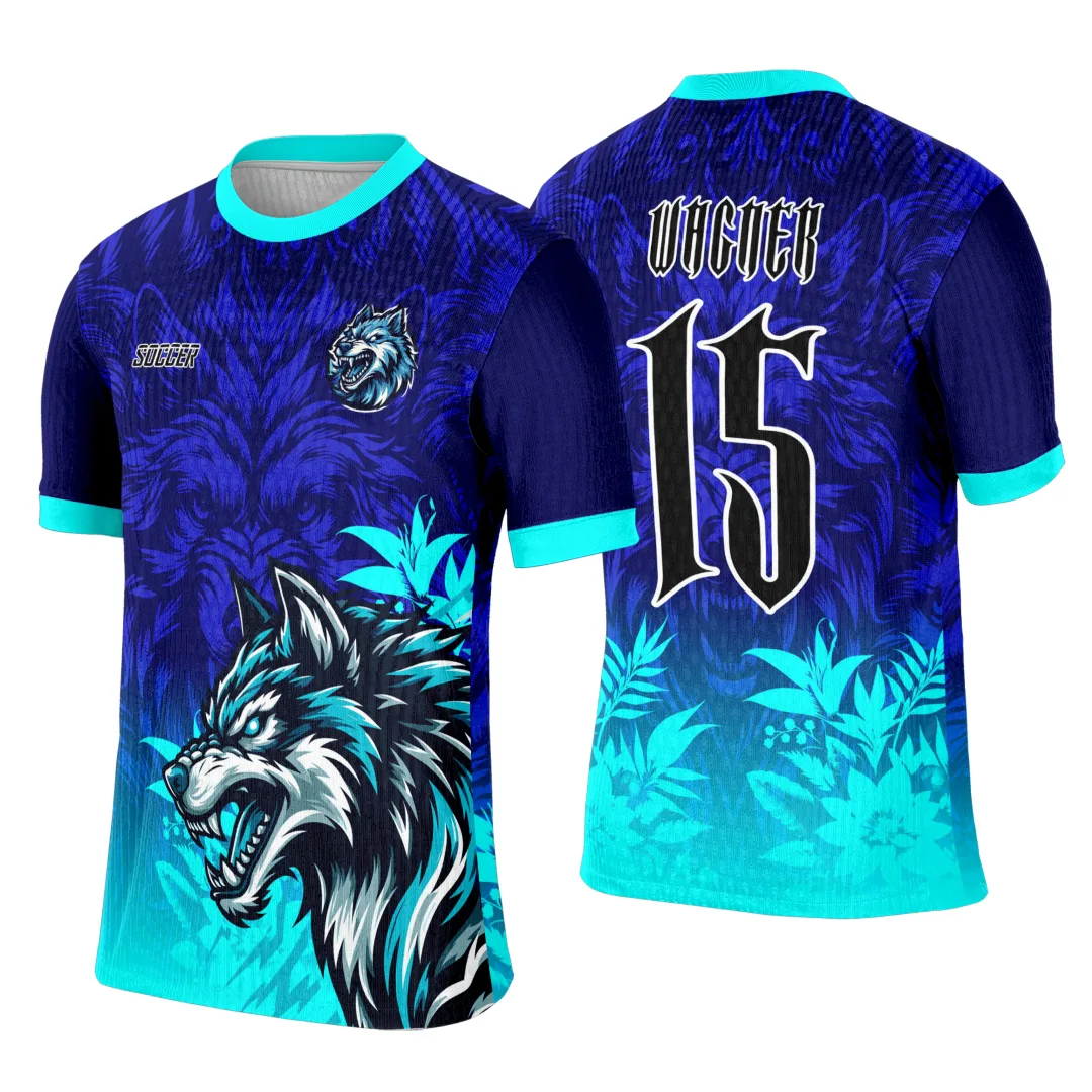 Camiseta unissex preta com logo no peito e estampa grande nas costas mostrando Lobo Azul, design moderno e vibrante para evento interclasse.