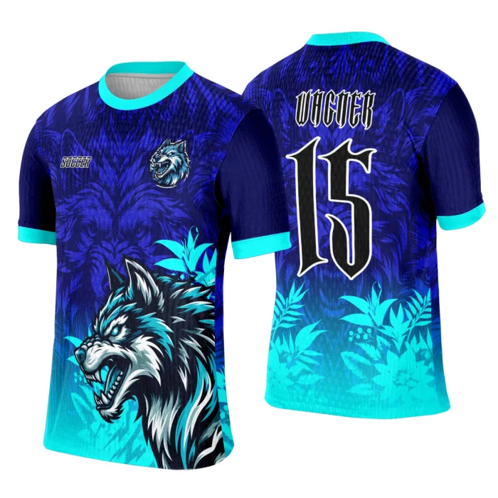 Camiseta unissex preta com logo no peito e estampa grande nas costas mostrando Lobo Azul, design moderno e vibrante para evento interclasse.