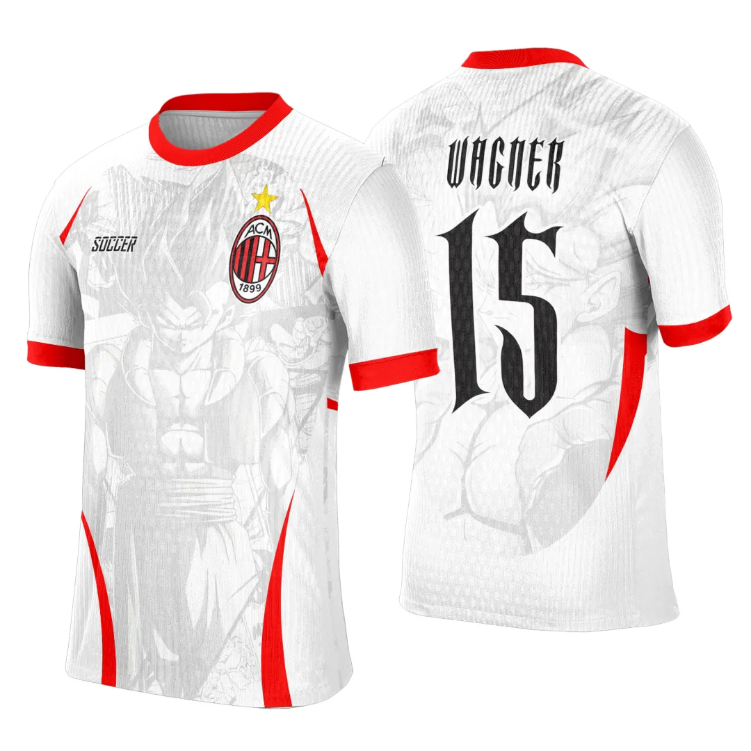 Camiseta unissex preta com logo no peito e estampa grande nas costas, inspirada em AC Milan e Dragon Ball Z, perfeita para fãs que querem estilo e personalidade.