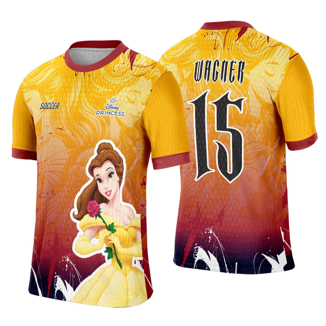 Camiseta unissex branca com logo no peito e estampa grande nas costas inspirada na Princesa Bella, ideal para eventos interclasse com design marcante e moderno.