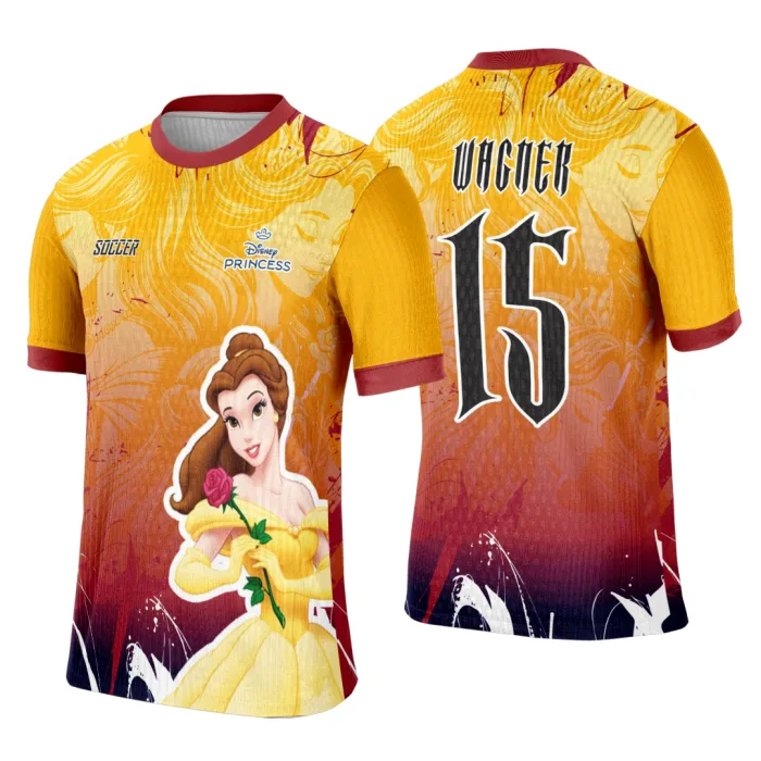 Camiseta unissex branca com logo no peito e estampa grande nas costas inspirada na Princesa Bella, ideal para eventos interclasse com design marcante e moderno.