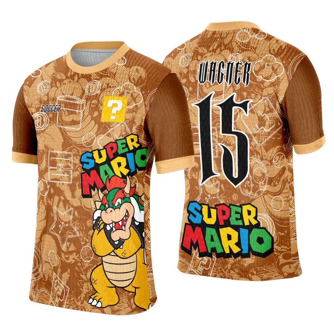 Camiseta unissex preta com logo no peito e estampa grande nas costas do personagem Bowser do Super Mario Bros, perfeito para fãs e eventos temáticos.