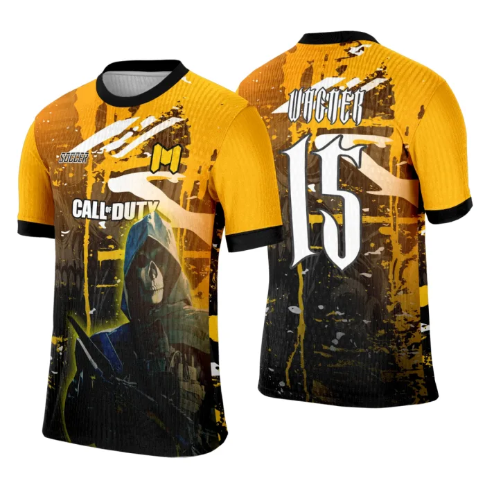 Camiseta unissex preta com logo no peito e estampa grande nas costas inspirada no jogo Call of Duty, ideal para eventos interclasse e gamers que buscam estilo e conforto.