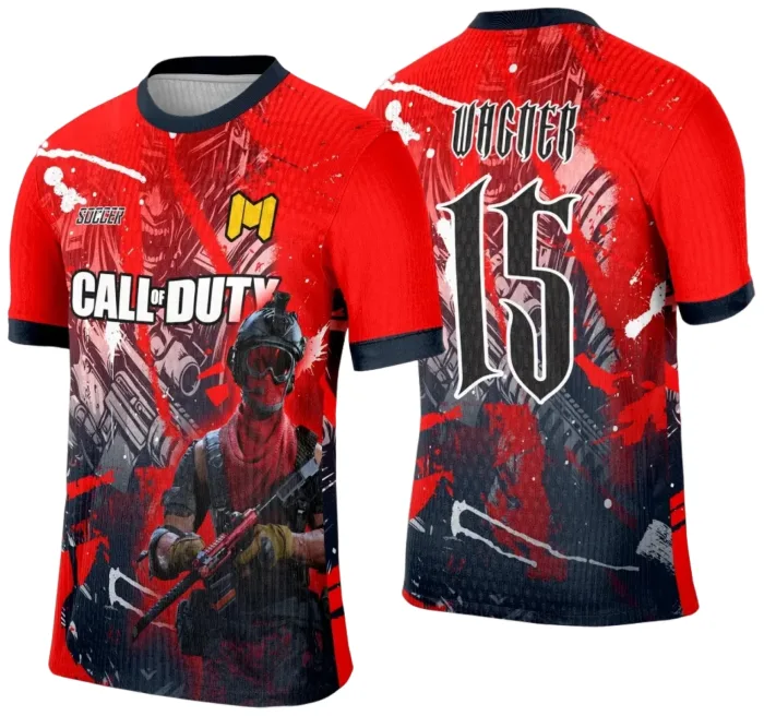 Camiseta unissex preta com logo no peito e estampa grande nas costas, inspirado no game Call of Duty para eventos interclasse, visual moderno e esportivo.