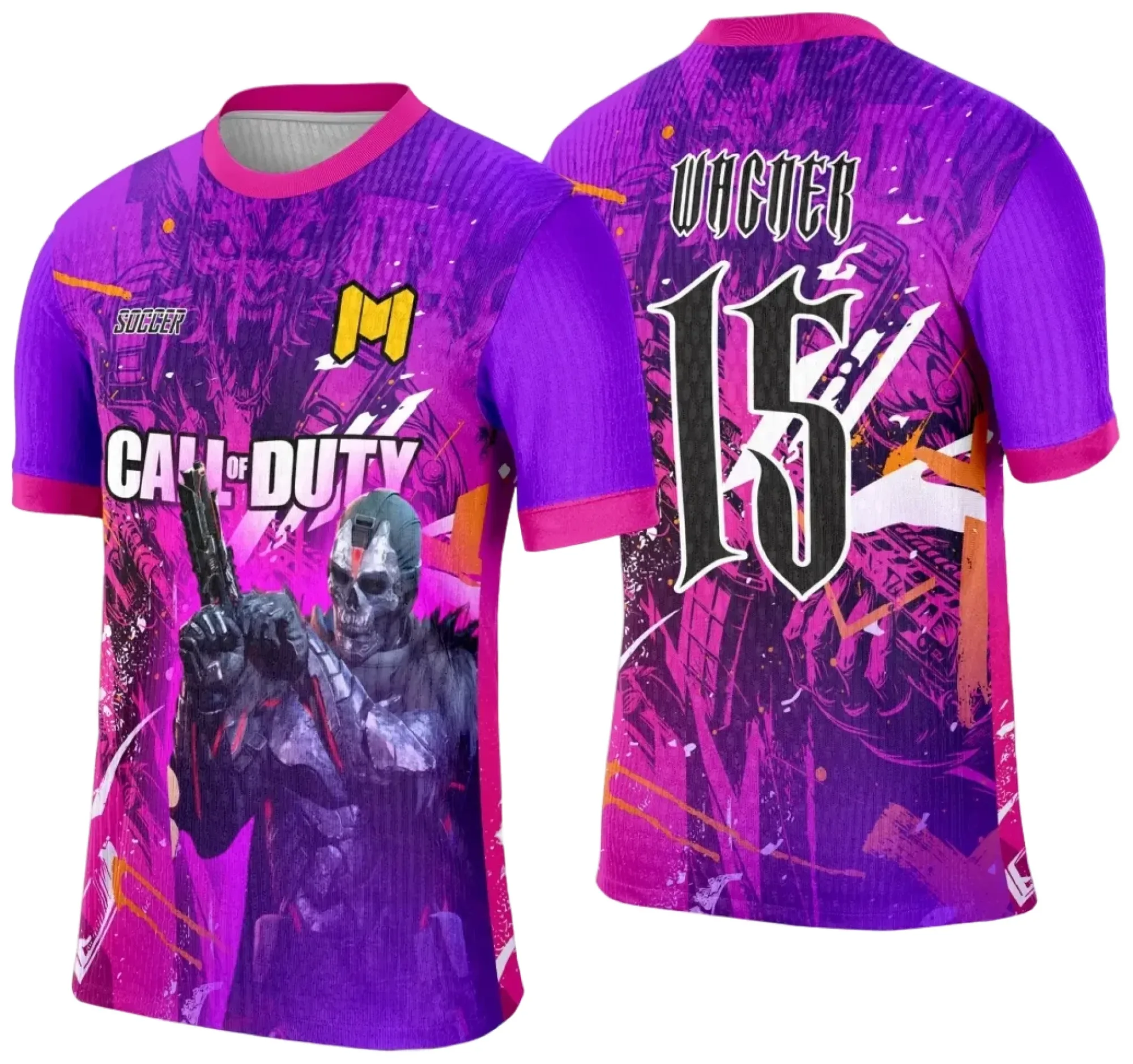 Camiseta unissex preta com logo no peito e estampa grande nas costas com tema do game Call of Duty, ideal para eventos de interclasse e fãs do jogo.