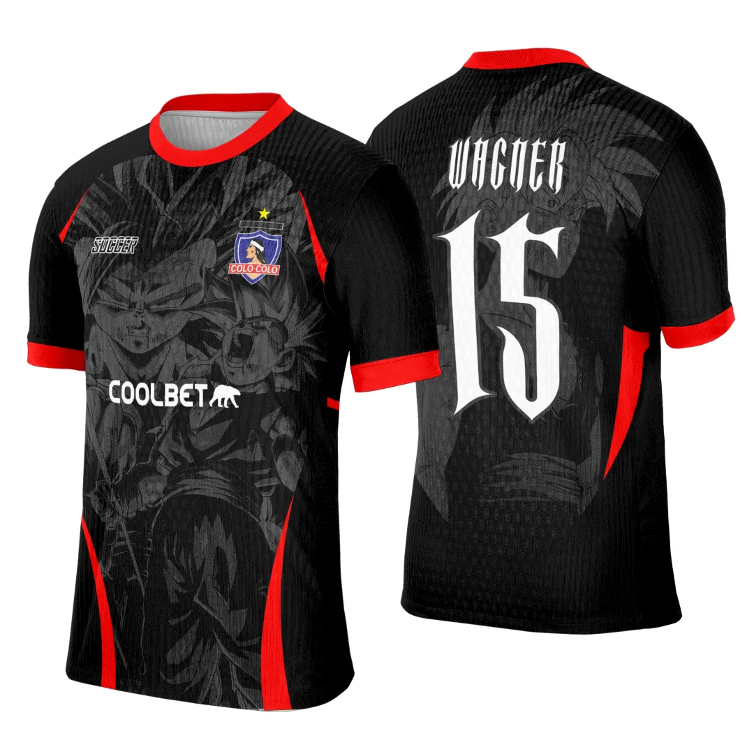 Camiseta unissex preta com logo no peito e estampa grande nas costas com tema Interclasse Colo Colo Dragon Ball Z, ideal para fãs do universo Dragon Ball Z e eventos escolares.