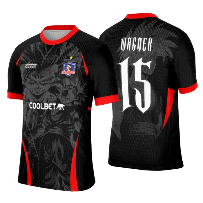 Camiseta unissex preta com logo no peito e estampa grande nas costas com tema Interclasse Colo Colo Dragon Ball Z, ideal para fãs do universo Dragon Ball Z e eventos escolares.