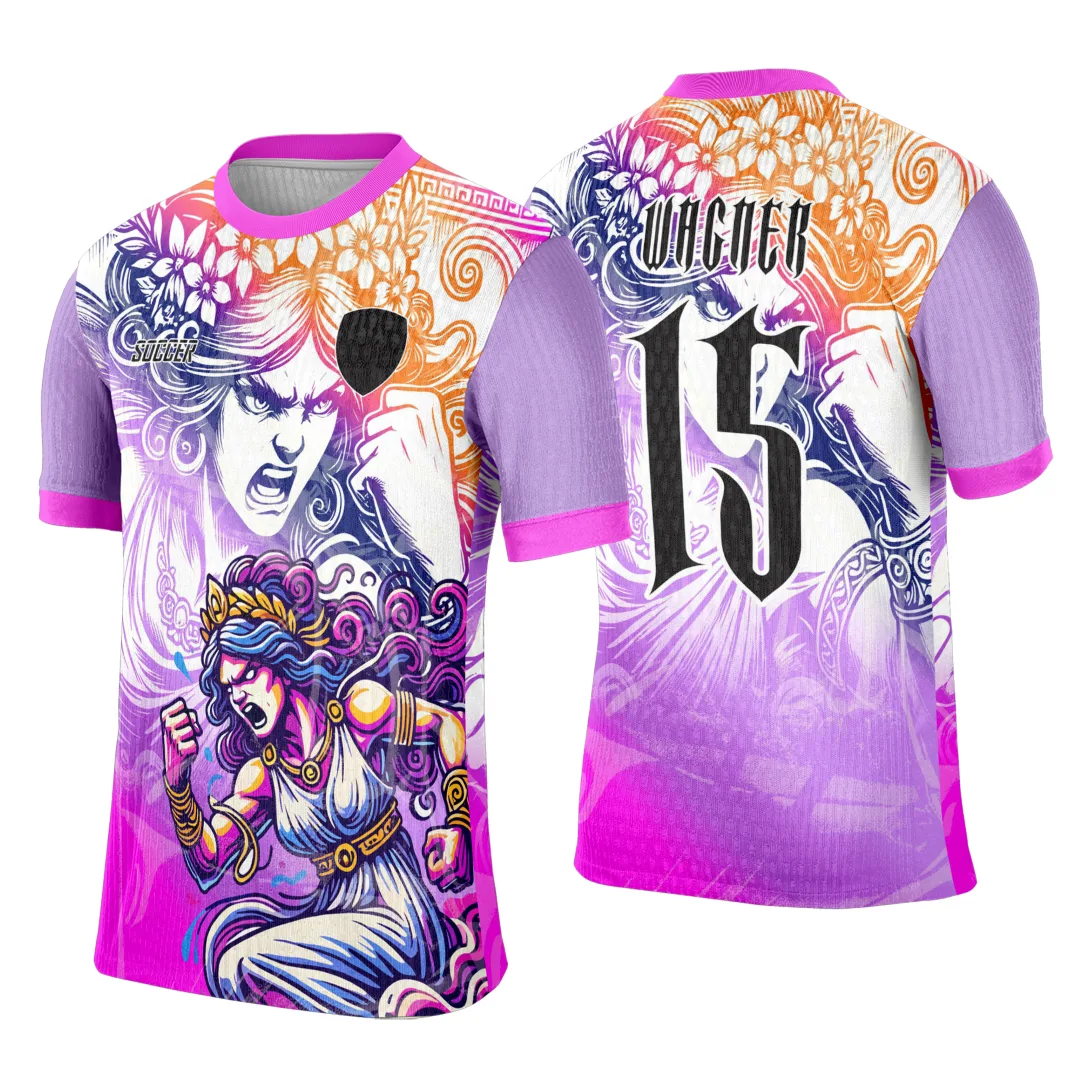 Camiseta unissex preta com logo no peito e estampa grande nas costas mostrando uma Deusa Grega em estilo clássico, ideal para eventos interclasse com design elegante e impacto visual.