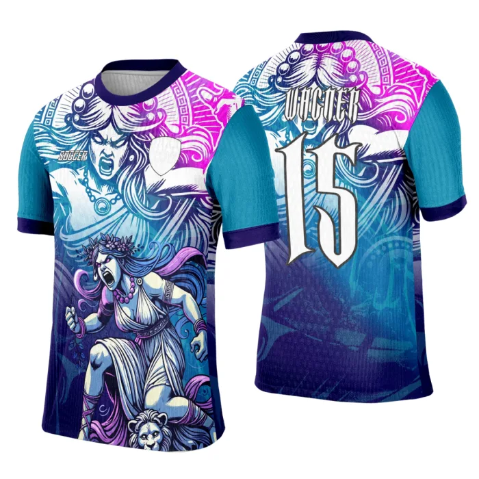 Camiseta unissex preta com logo no peito e estampa grande nas costas mostrando uma Deusa Grega em estilo elegante, perfeita para eventos interclasse e com toque clássico.