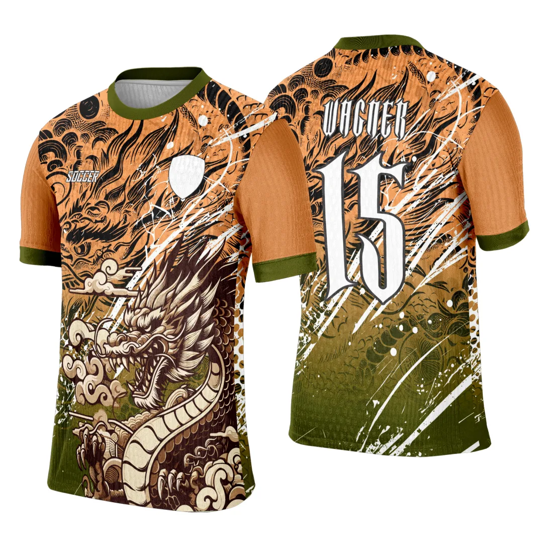 Camiseta unissex preta com logo no peito e estampa grande nas costas destacando um dragão poderoso, perfeita para o interclasse com estilo marcante e moderno.