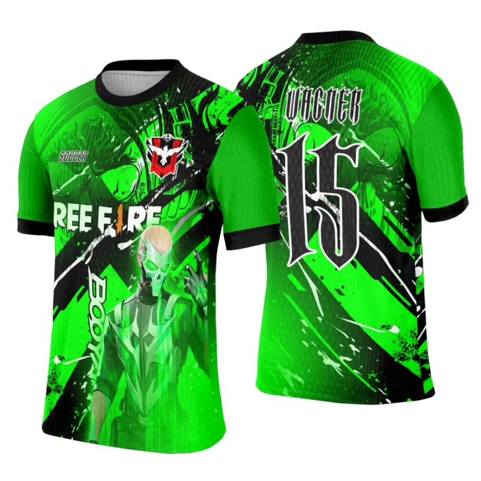 Camiseta unissex preta com logo no peito e estampa grande nas costas com tema Interclasse Free Fire 0105, perfeito para fãs do jogo em eventos escolares ou encontros.