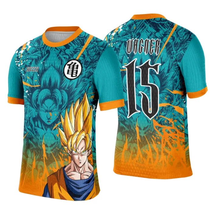 Camiseta unissex preta com logo no peito e estampa grande nas costas com tema Goku Super para interclasse, destaque para design moderno e visual potente.
