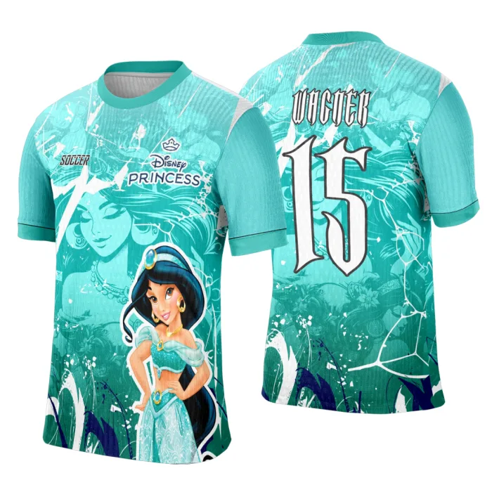 Camiseta unissex branca com logo no peito e estampa grande nas costas com tema Princesa Jazmin, design vibrante e perfeito para interclasse.