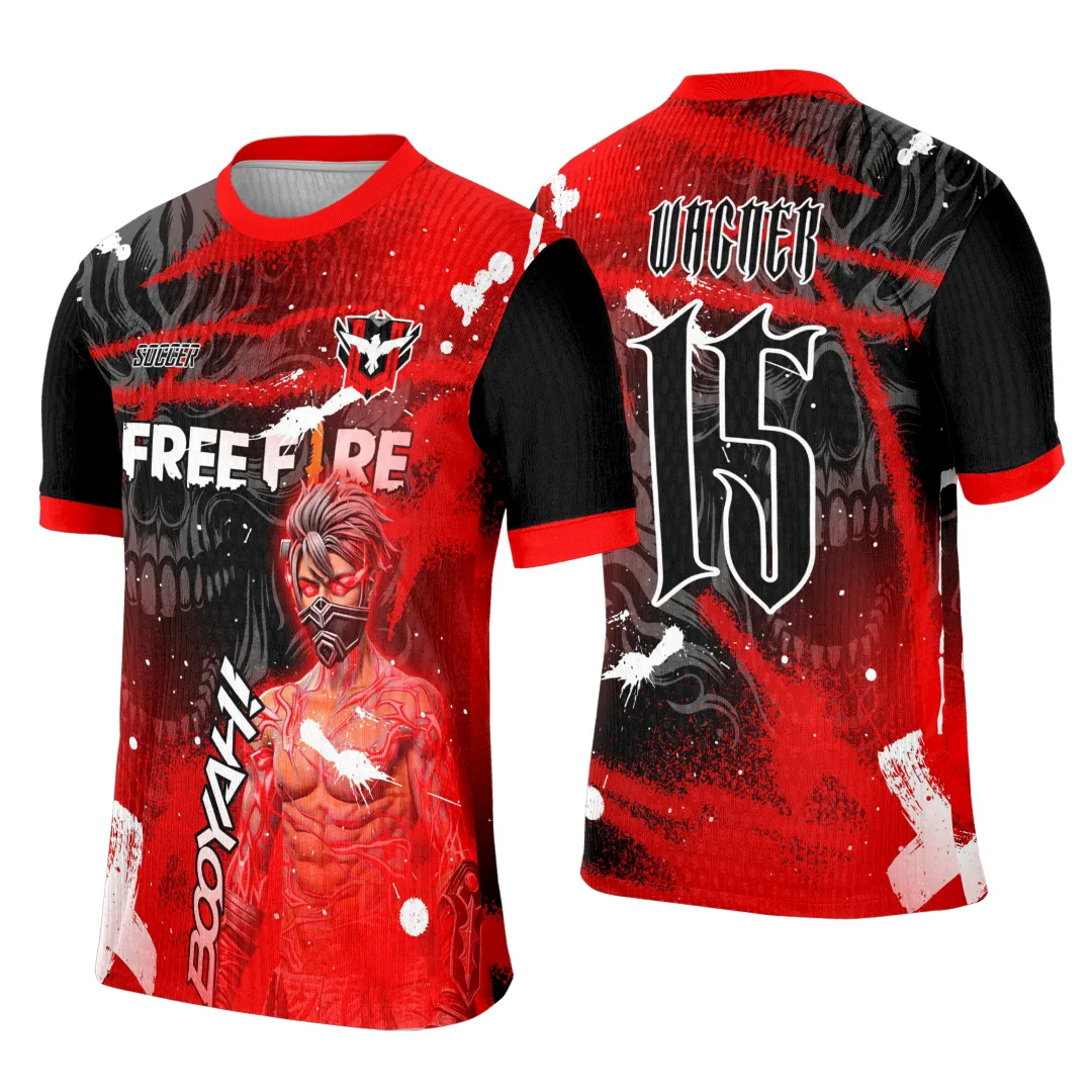 Camiseta unissex preta com logo no peito e estampa grande nas costas mostrando tema de Free Fire vermelha ligando ao Interclasse, ideal para fãs do jogo e eventos escolares.