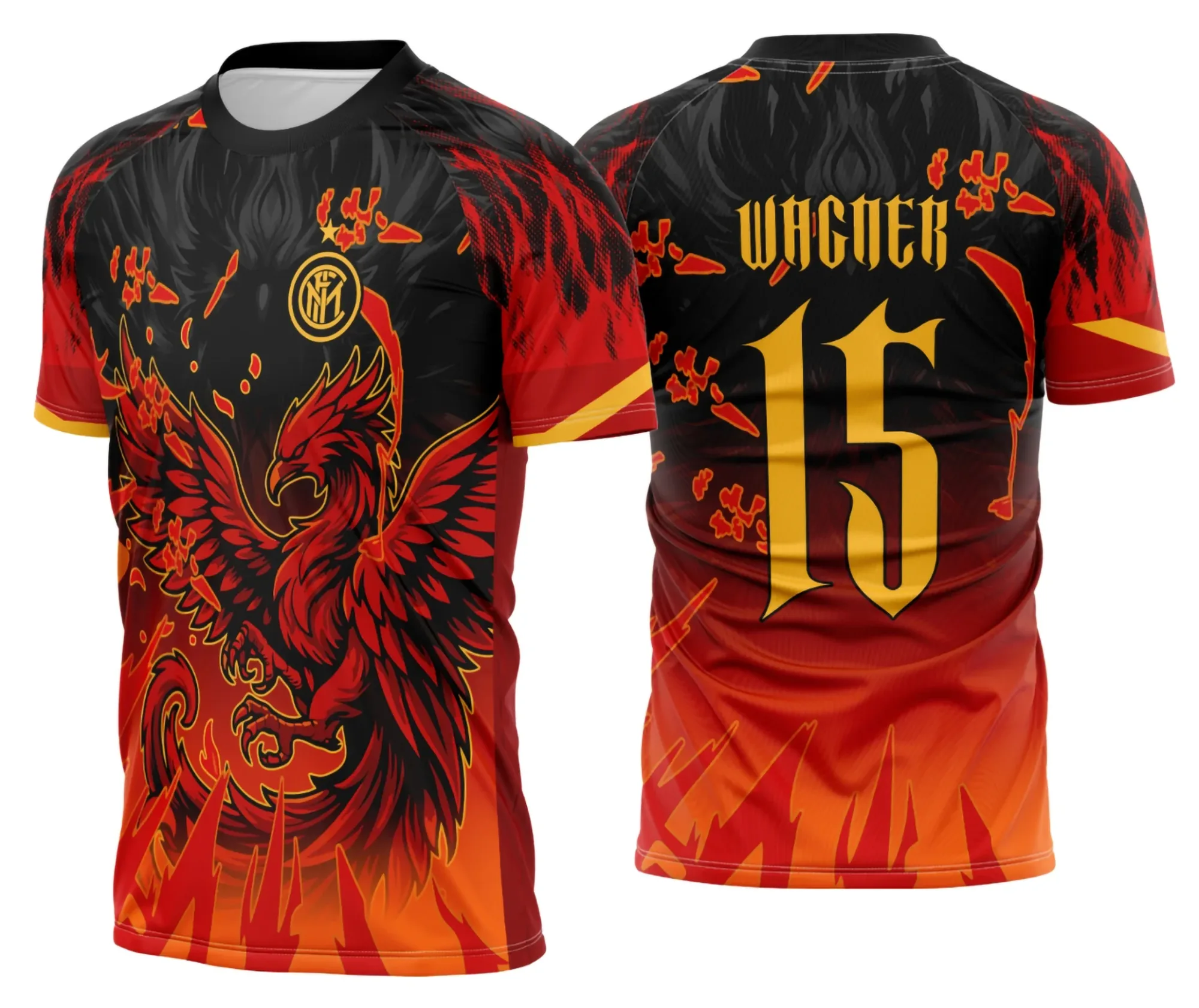 Camiseta unissex com logo no peito e estampa grande nas costas do Fênix em chamas laranja, cor base preta, ideal para atividades interclasses com design vibrante e marcante.