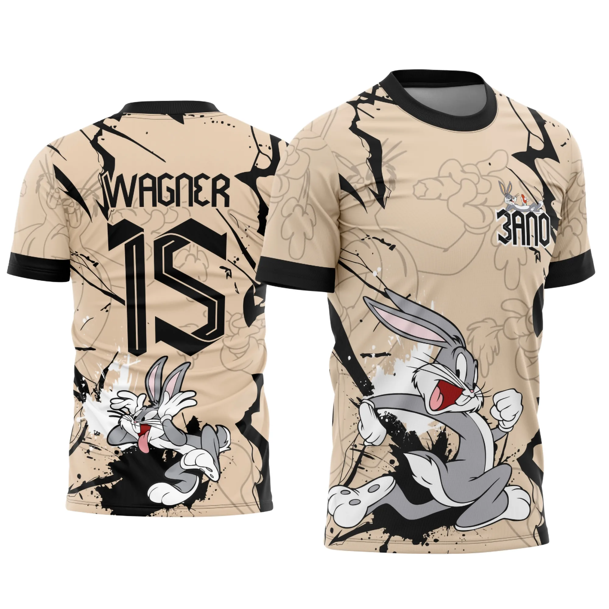 Camiseta unissex na cor preta com logo no peito e estampa grande nas costas mostrando Pernalonga correndo, ideal para eventos e momentos descontraídos.