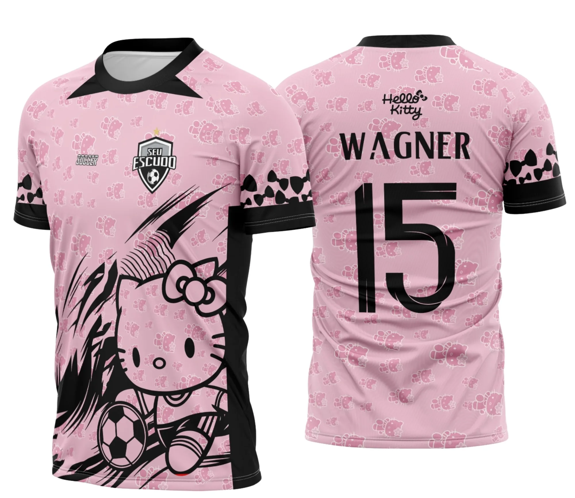 Camiseta unissex branca com logo no peito e estampa grande nas costas inspiradas no tema Hello Kitty Interclasse 2025, ideal para eventos escolares e confraternizações.