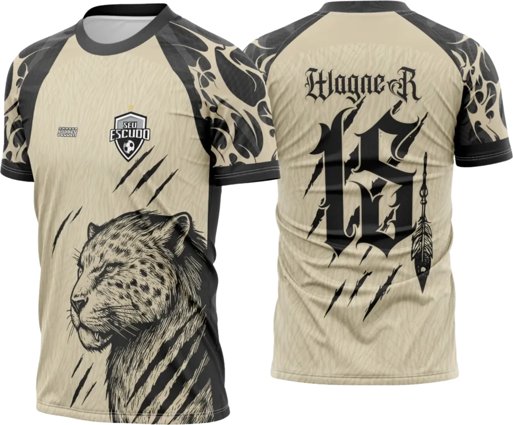 Camiseta unissex preta com logo no peito e estampa grande nas costas mostrando o tema Onça Vyperclaw do Interclasse.