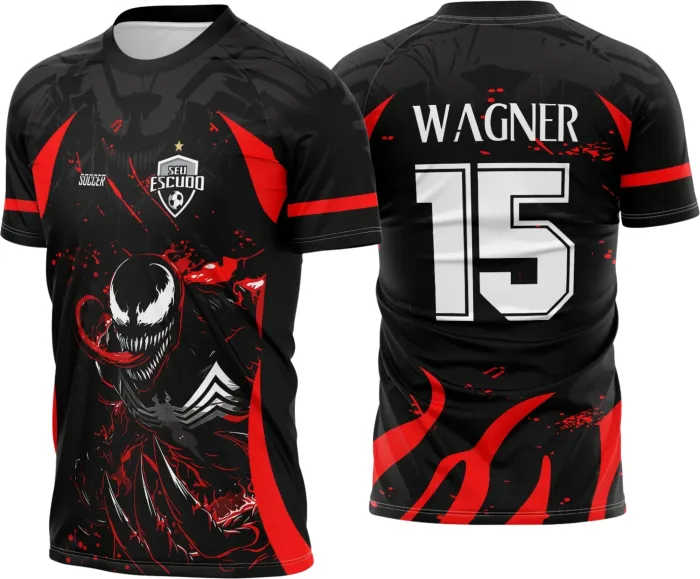 Camiseta unissex preta com logo no peito e estampa grande nas costas do tema Interclasse Venom Black Red 2025, ideal para quem busca estilo marcante e visual moderno.