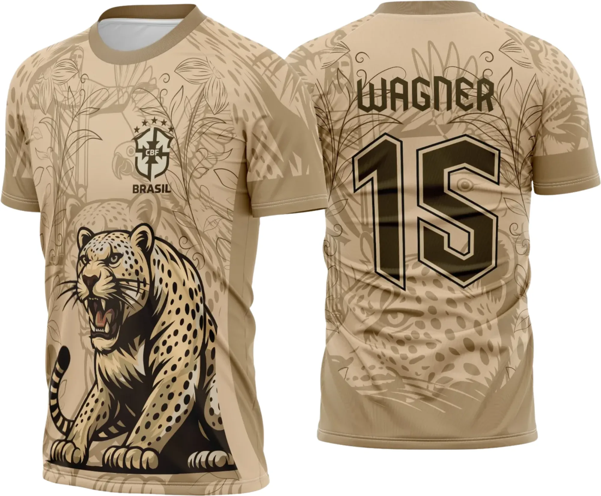 Camiseta unissex bege com logo no peito e estampa grande nas costas com tema Onça Brasil Interclasse 2025, ideal para eventos e uniformes, visual elegante e moderno.