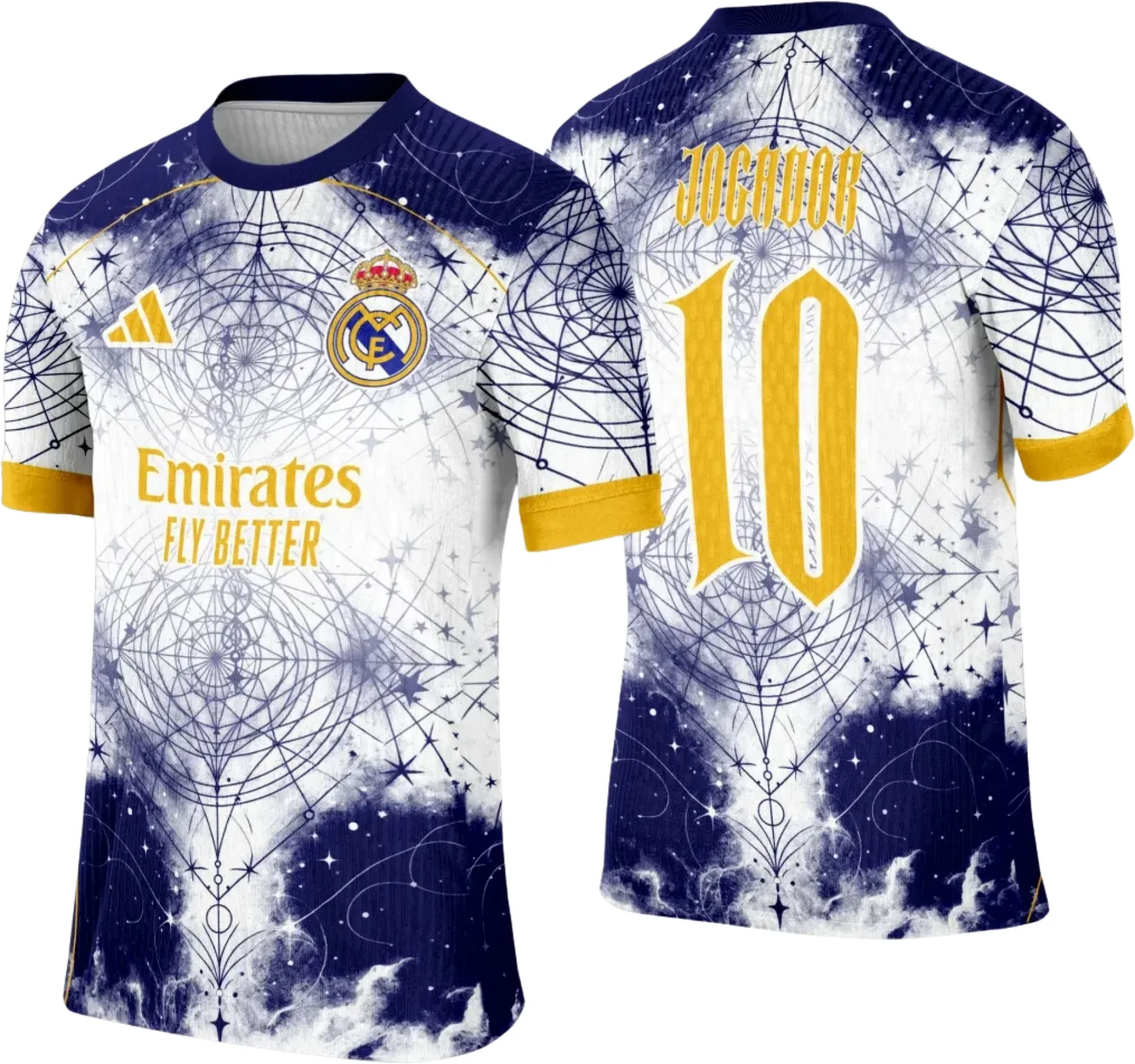 Camiseta unissex preta com logo no peito e estampa grande nas costas da equipe Real Madrid, ideal para eventos interclasse com design moderno e vibrante.
