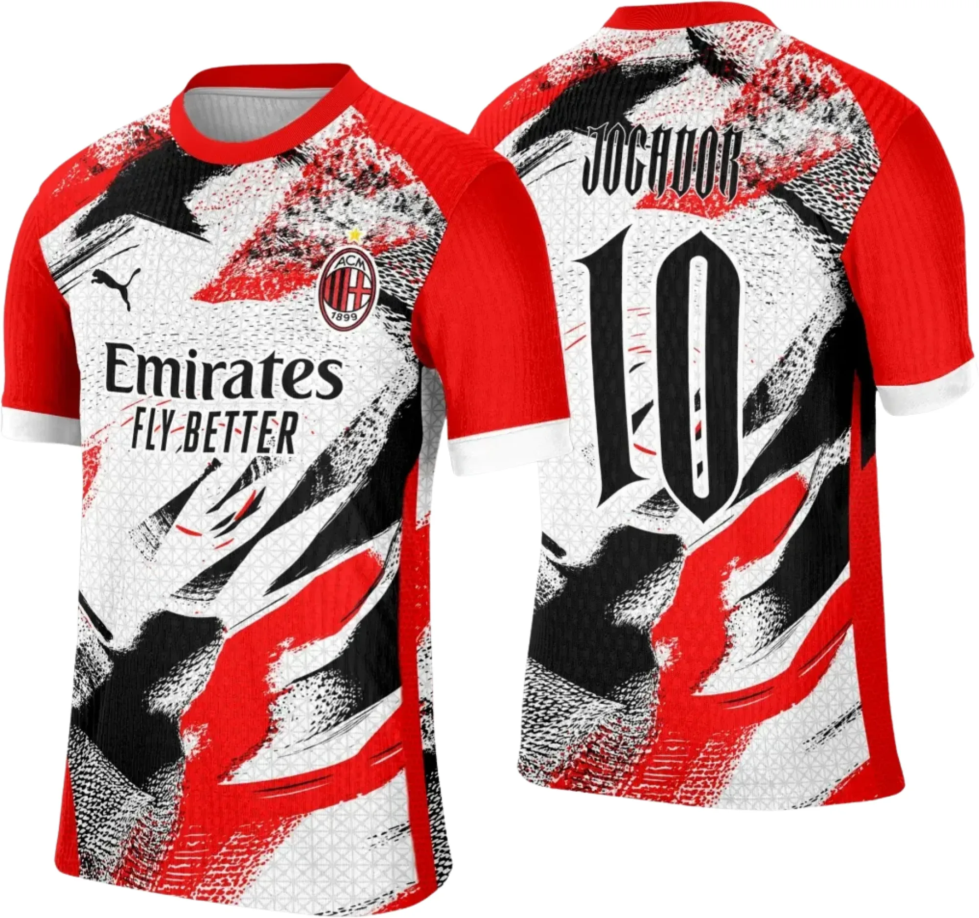Camiseta unissex preta com logo no peito e estampa grande nas costas inspirada no AC Milan, design dinâmico para estilo esportivo e moderno.