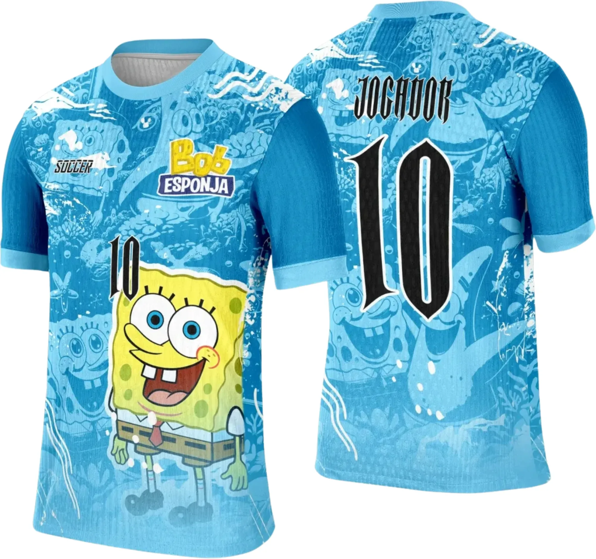 Camiseta unissex preta com logo no peito e estampa grande nas costas com tema Bob Esponja para evento interclasse.