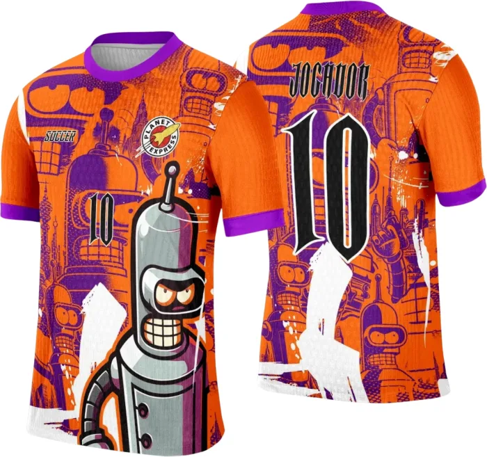 Camiseta unissex preta com logo no peito e estampa grande nas costas mostrando tema Interclasse Bender Rodriguez, ideal para fãs e eventos.