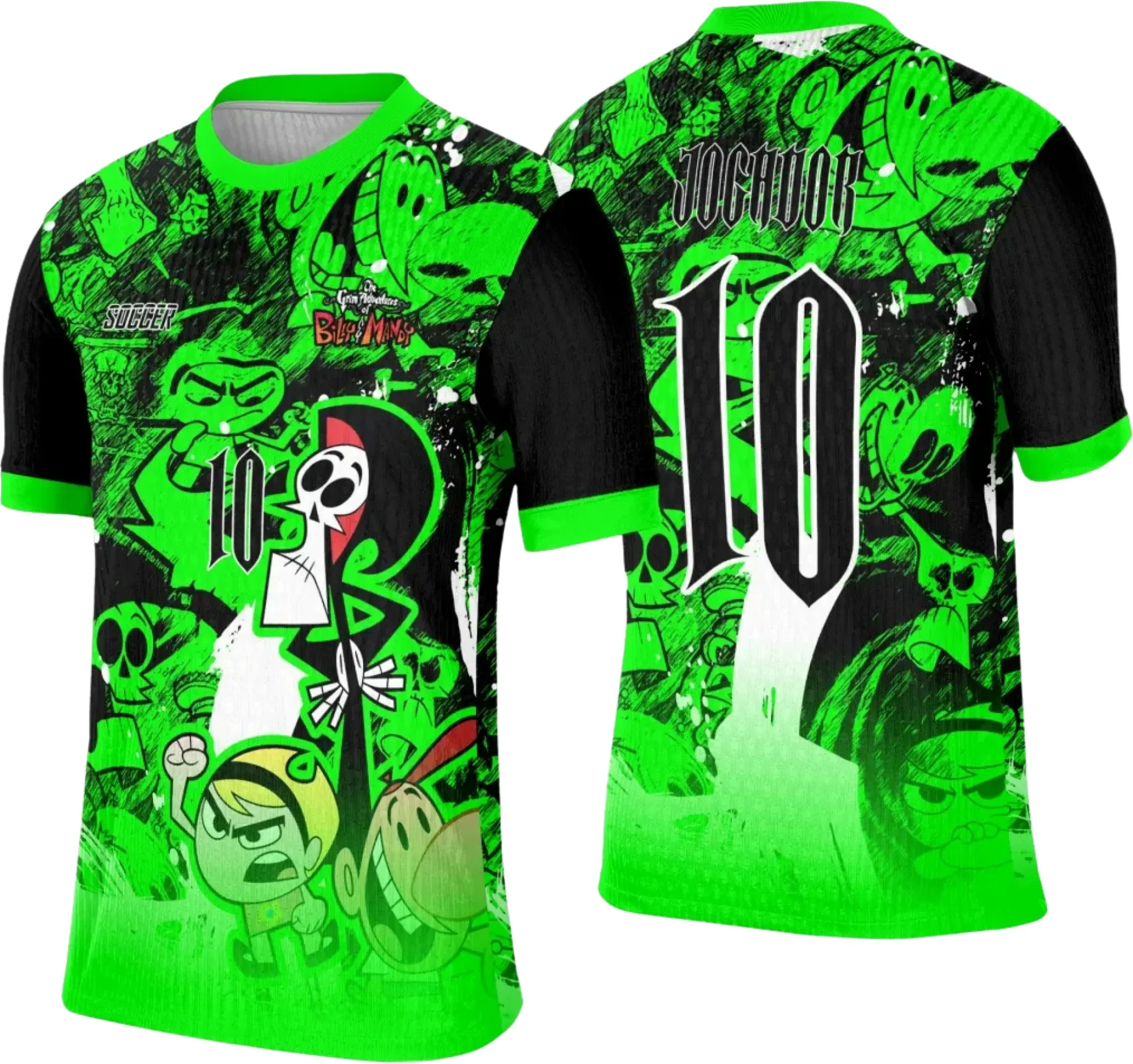 Camiseta unissex preta com logo no peito e estampa grande nas costas, tema Interclasse Billy e Mandy, perfeita para um visual descolado e autêntico.