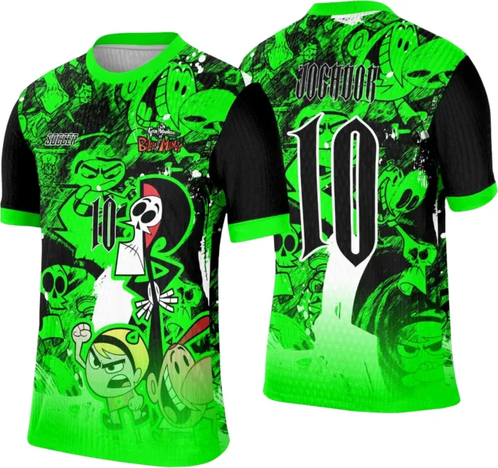 Camiseta unissex preta com logo no peito e estampa grande nas costas, tema Interclasse Billy e Mandy, perfeita para um visual descolado e autêntico.