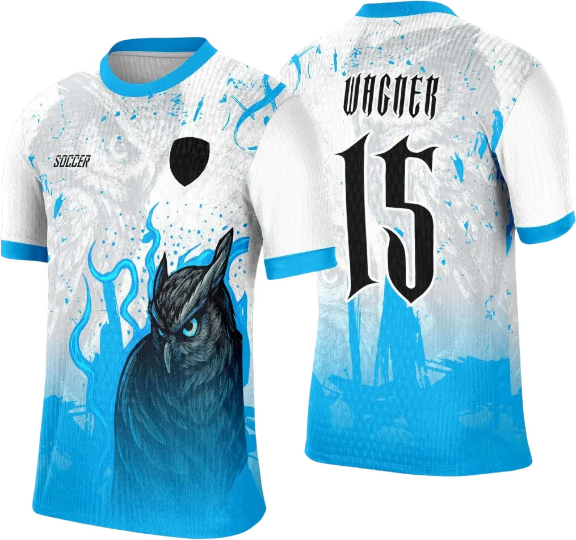 Camiseta unissex preta com logo no peito e estampa grande nas costas mostrando coruja estilizada em tema interclasse, perfeita para eventos escolares e esportivos.