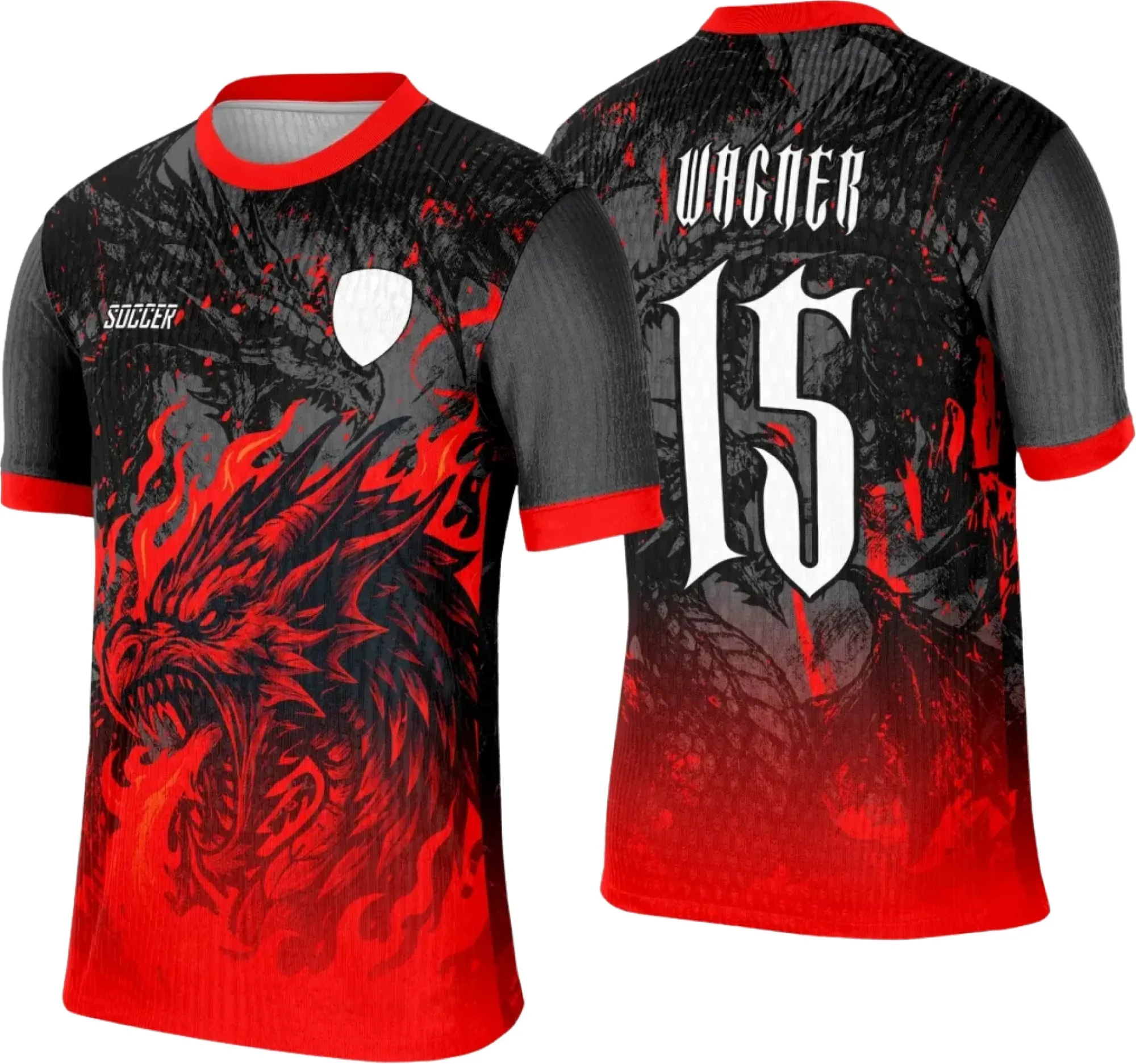 Camiseta unissex preta com logo no peito e estampa grande nas costas mostrando um dragão vermelho estilizado, perfeita para eventos interclasse com design marcante e moderno.