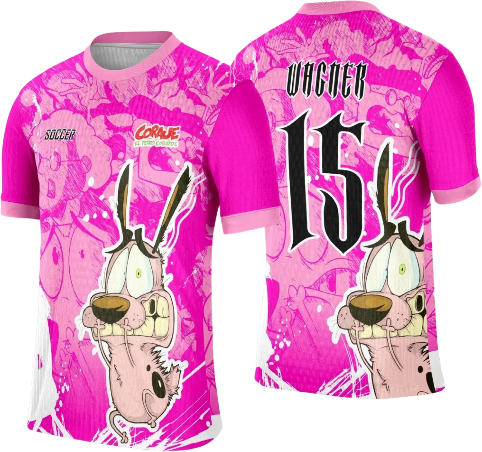 Camiseta unissex preta com logo no peito e estampa grande nas costas inspirada em Coragem o Cão Covarde para o interclasse, visual moderno e descontraído.