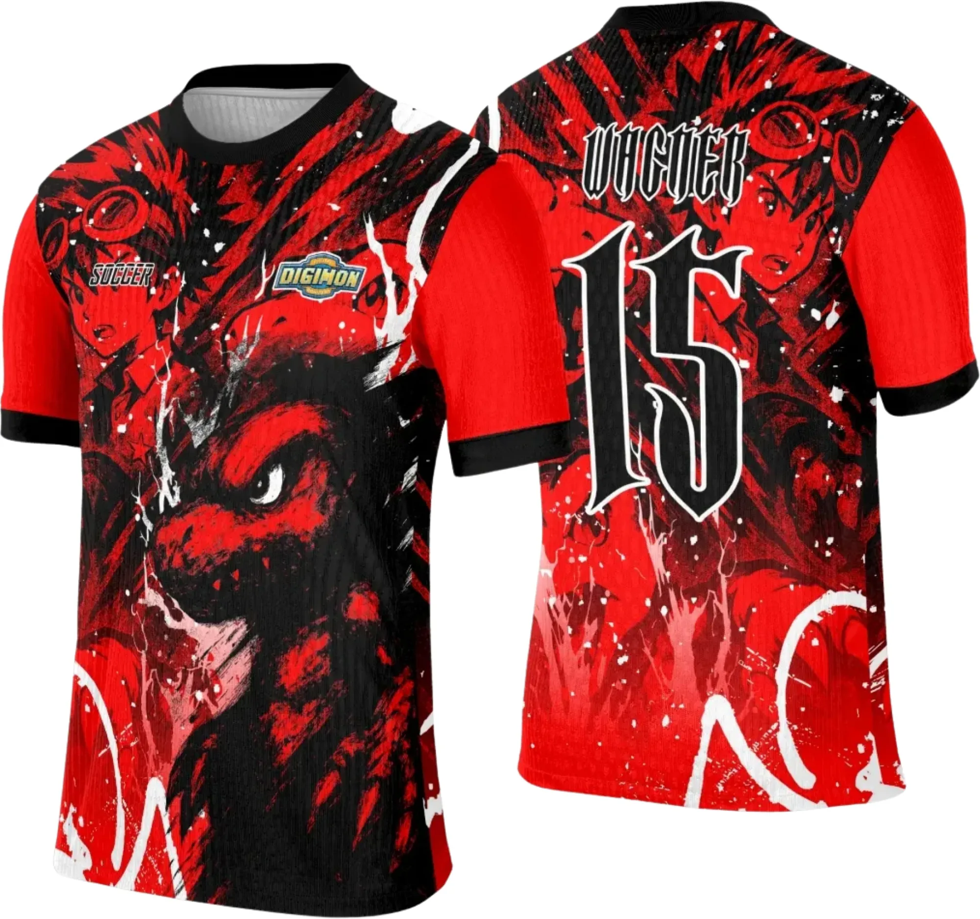 Camiseta unissex preta com logo no peito e estampa grande nas costas inspirada em Digimon, perfeita para fãs que buscam estilo único e confortável.