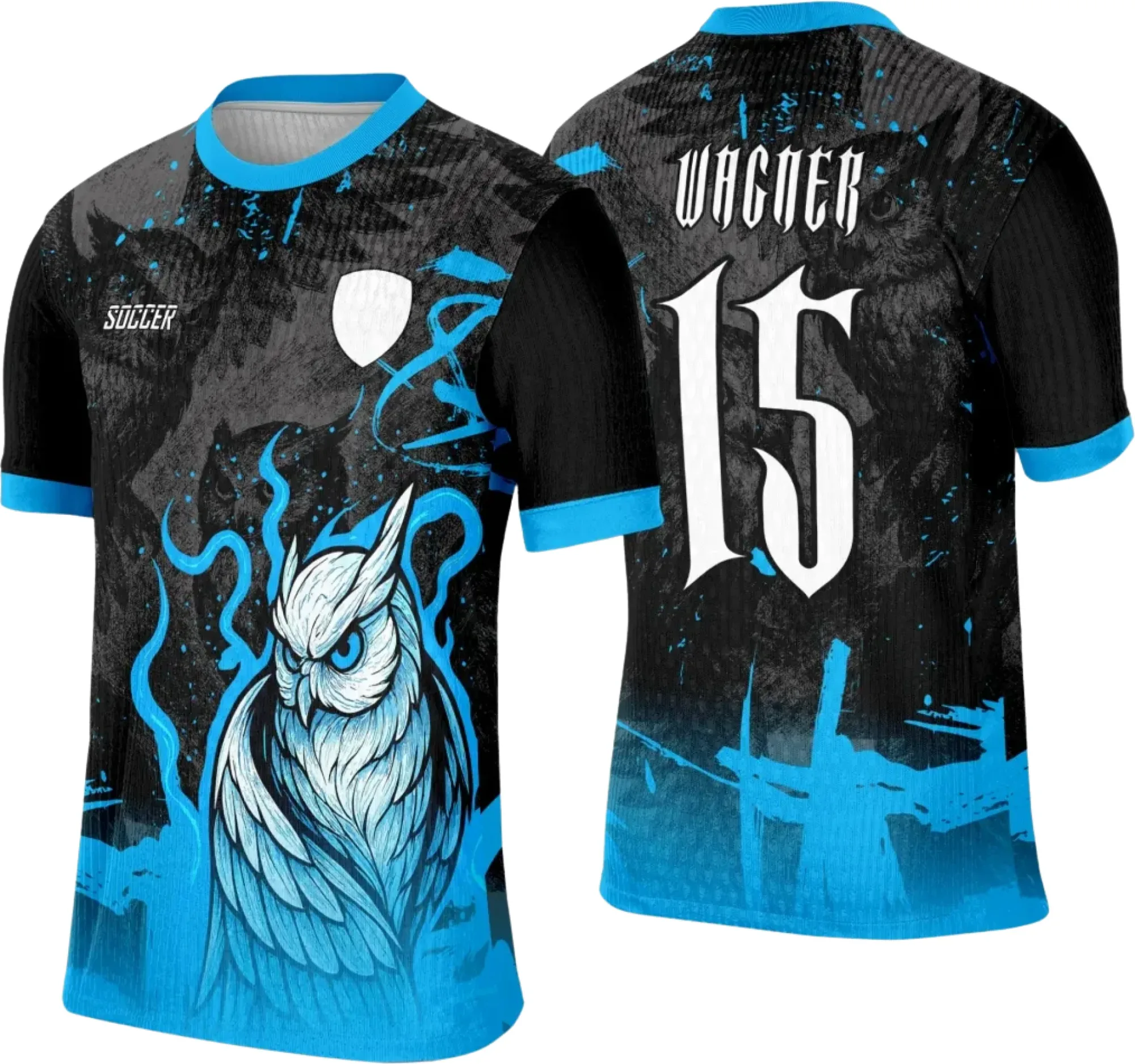 Camiseta unissex preta com logo no peito e estampa grande nas costas com o tema Coruja Interclasse, perfeita para uso casual ou eventos escolares.