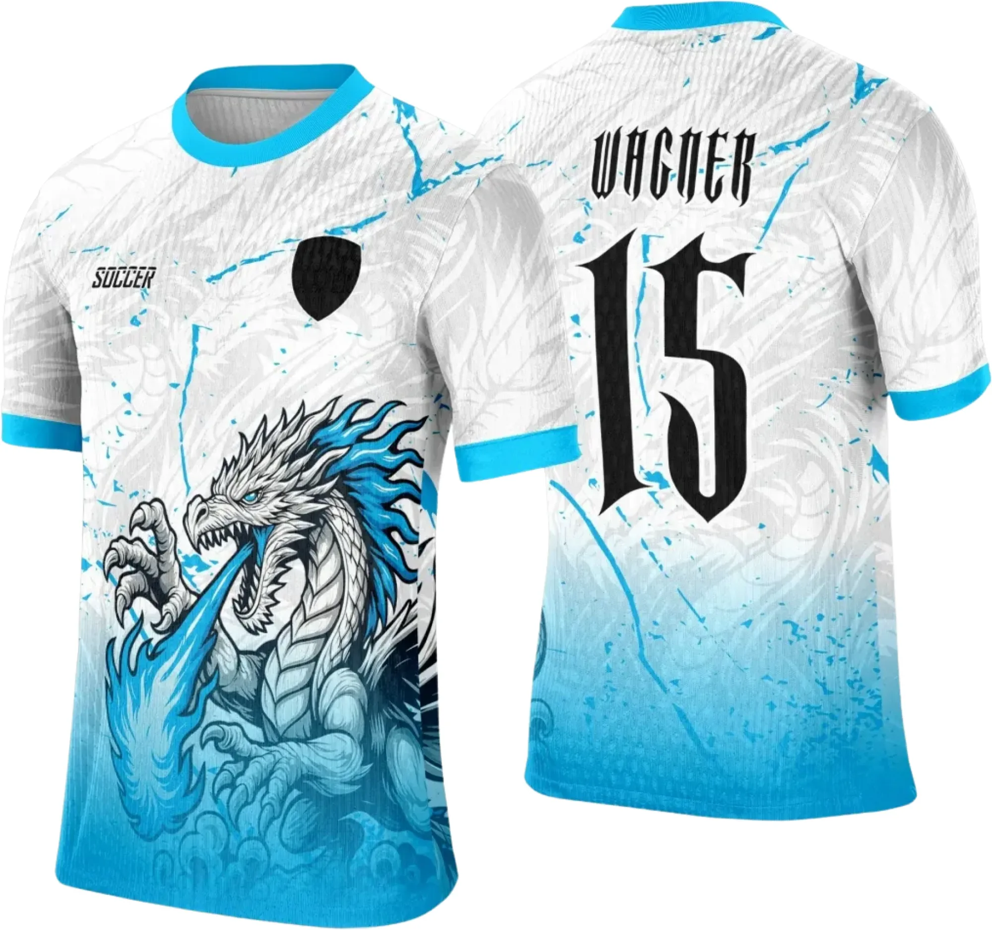 Foto da camiseta unissex preta com logo no peito e estampa grande nas costas mostrando dragão branco e fogo azul, estilo interclasse, visual impactante e vibrante.