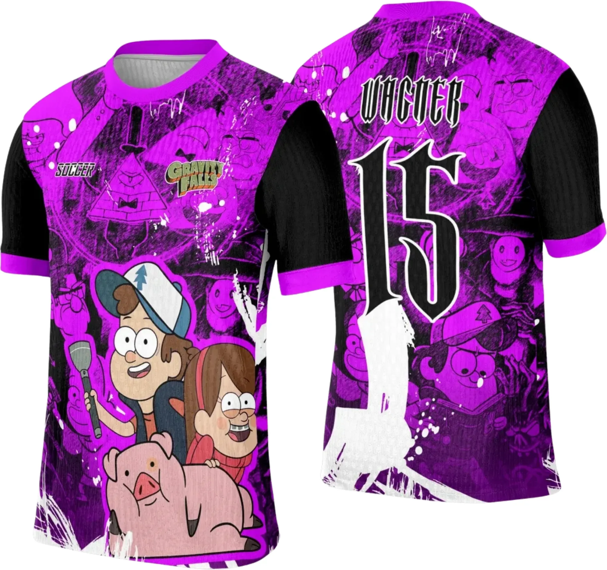 Camiseta unissex preta com logo no peito e estampa grande nas costas, com desenho inspirado em competição interclasse, visual moderno e marcante para momentos especiais.