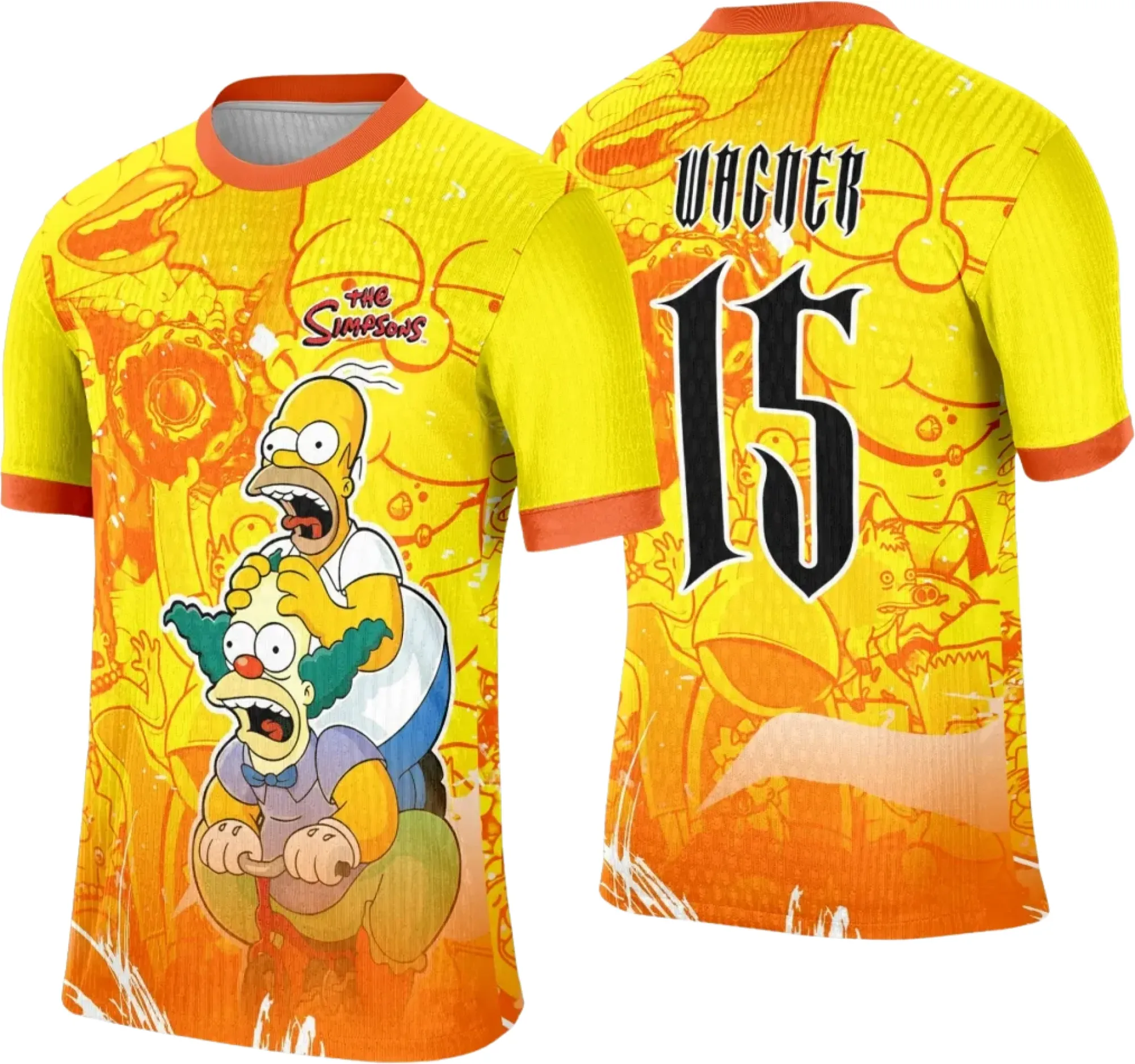 Camiseta unissex preta com logo no peito e estampa grande nas costas do personagem Homer Simpson, ideal para quem quer estilo e diversão no Interclasse.