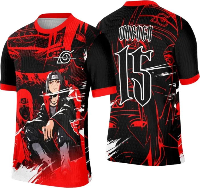 Camiseta unissex preta com logo no peito e estampa grande nas costas inspirada em Interclasse Anime, design moderno e vibrante, ideal para fãs e eventos.