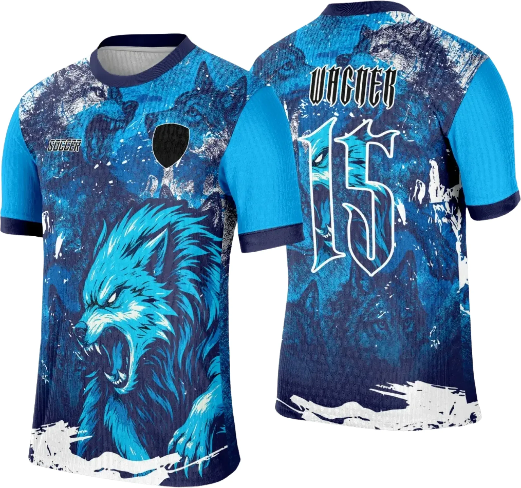 Camiseta unissex preta com logo no peito e estampa grande nas costas mostrando o Lobo Azul em destaque, perfeita para eventos interclasse e momentos de união.