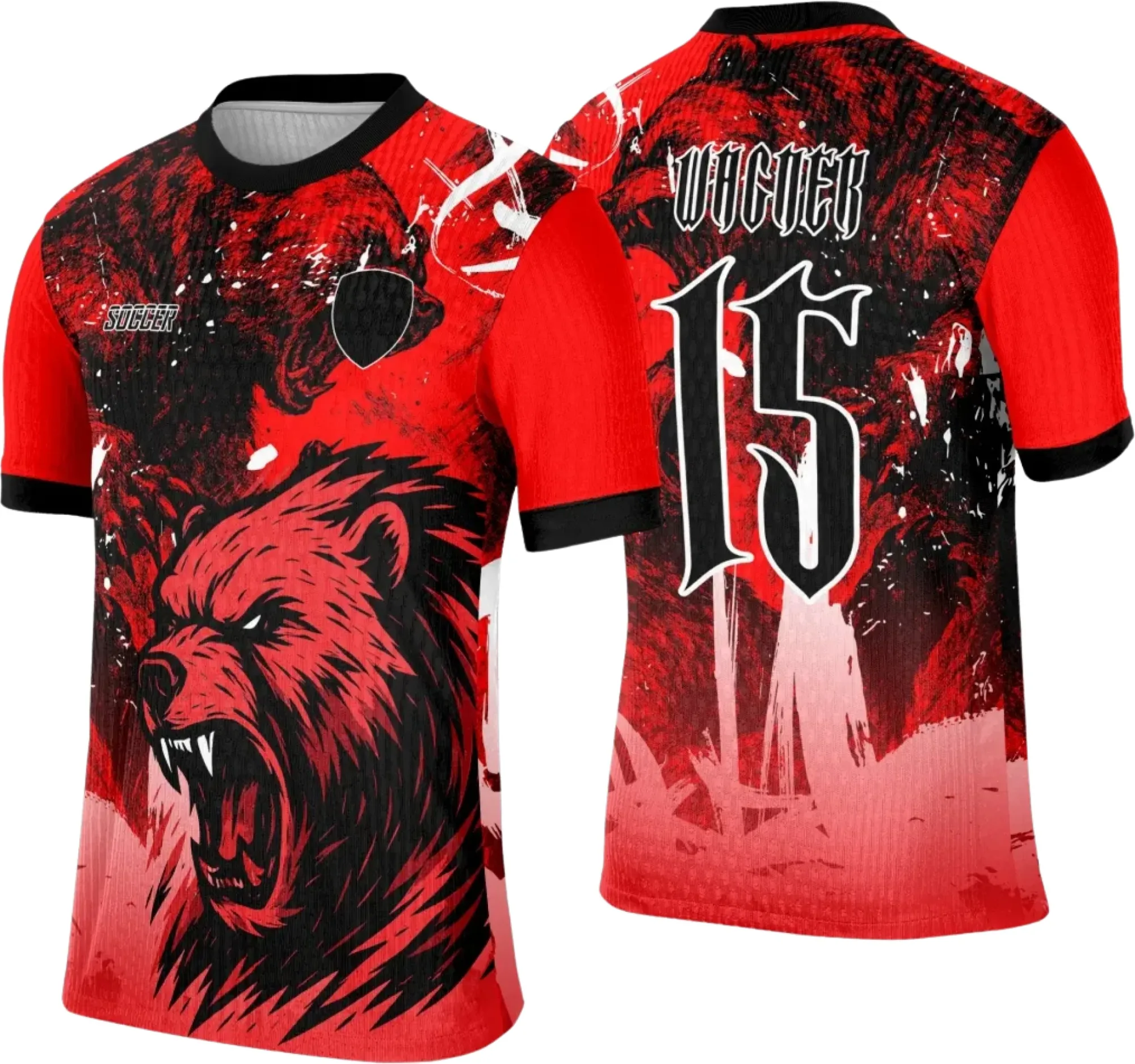 Camiseta unissex preta com logo no peito e estampa grande nas costas mostrando Urso Vermelho em estilo interclasse