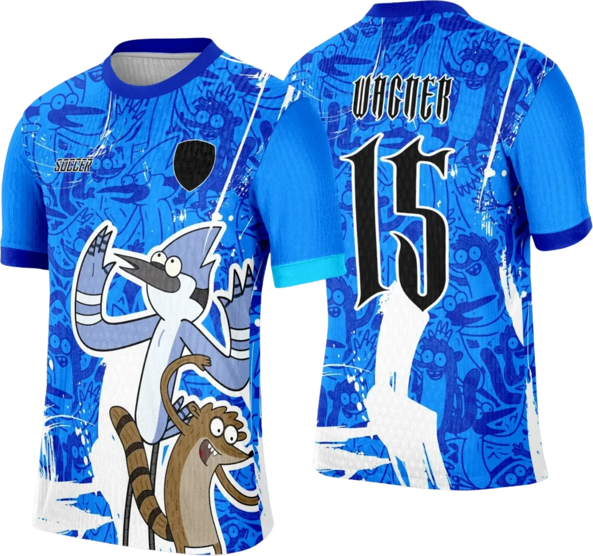 Camiseta unissex preta com logo no peito e estampa grande nas costas do tema Interclasse Regular Show, ideal para quem busca estilo e conforto em visual moderno.