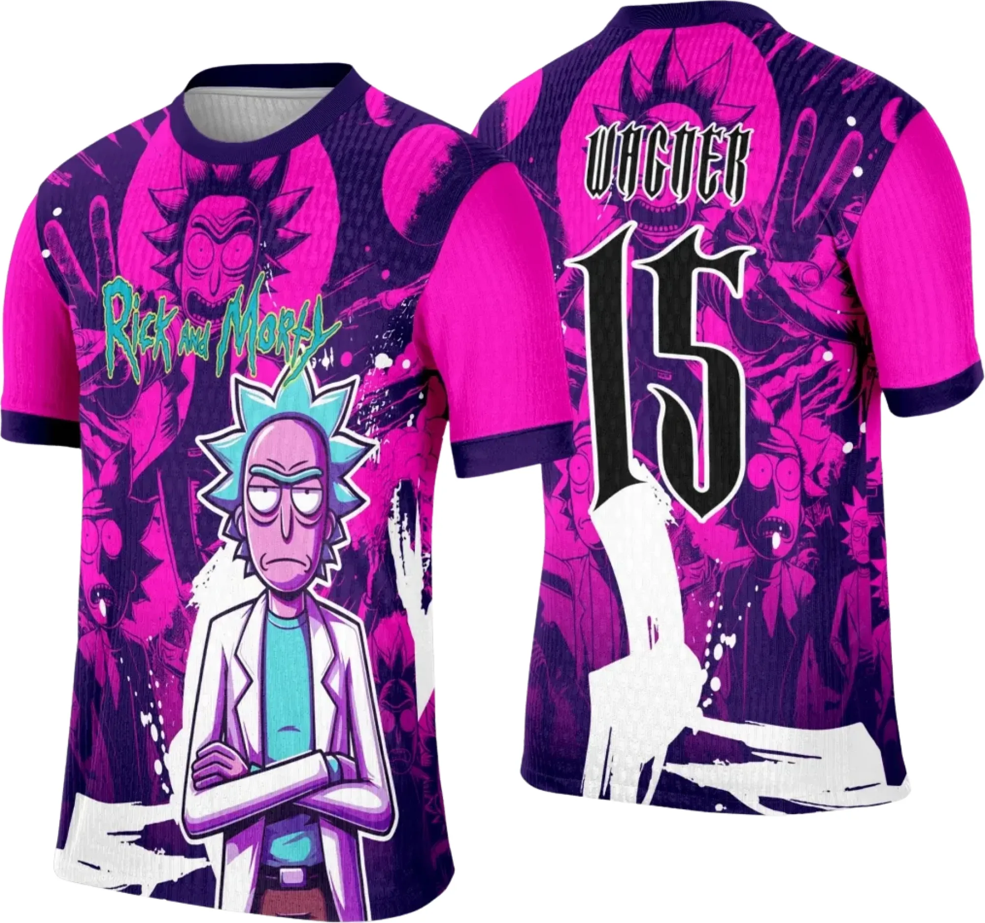 Camiseta unissex preta com logo no peito e estampa grande nas costas inspirada no tema Rick and Morty, perfeita para fãs que buscam estilo único e moderno