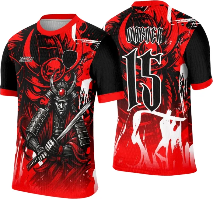 Camiseta unissex preta com logo no peito e estampa grande nas costas com tema Interclasse Samurai, perfeita para fãs de cultura japonesa e eventos temáticos.