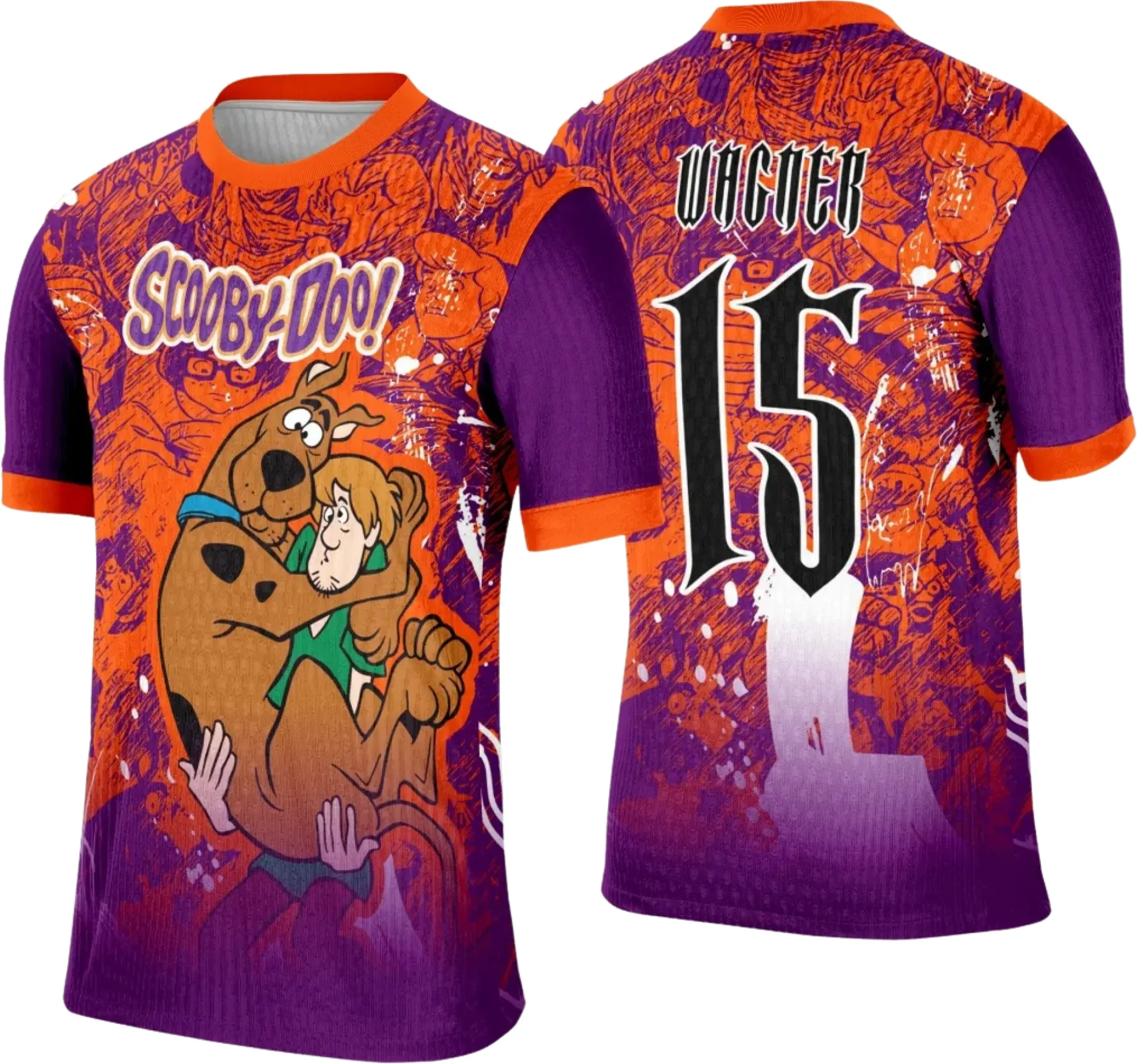 Camiseta unissex preta com logo no peito e estampa grande nas costas do tema Interclasse Scooby-Doo, estilo moderno e descontraído, perfeita para fãs da turma do mistério.