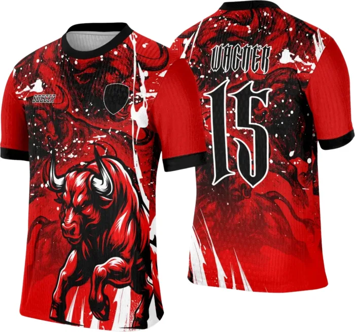 Camiseta unissex preta com logo no peito e estampa grande nas costas do tema Touro Vermelho Interclasse, visual moderno e marcante ideal para eventos e turmas.