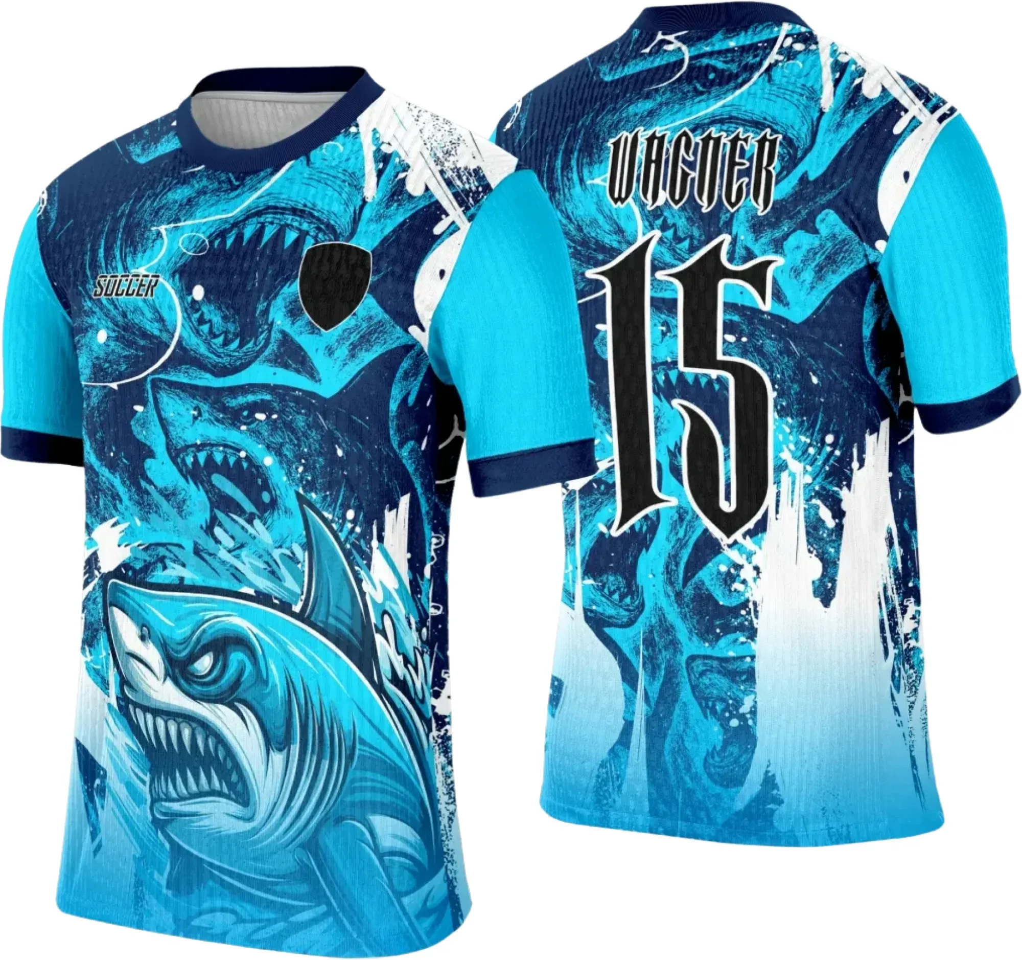 Camiseta unissex preta com logo no peito e estampa grande nas costas com tema Tubarão Azul, ideal para eventos interclasse, estilo moderno e marcante.